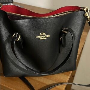 Coach Black Leather Tote with Red Interior and Gold Hardware